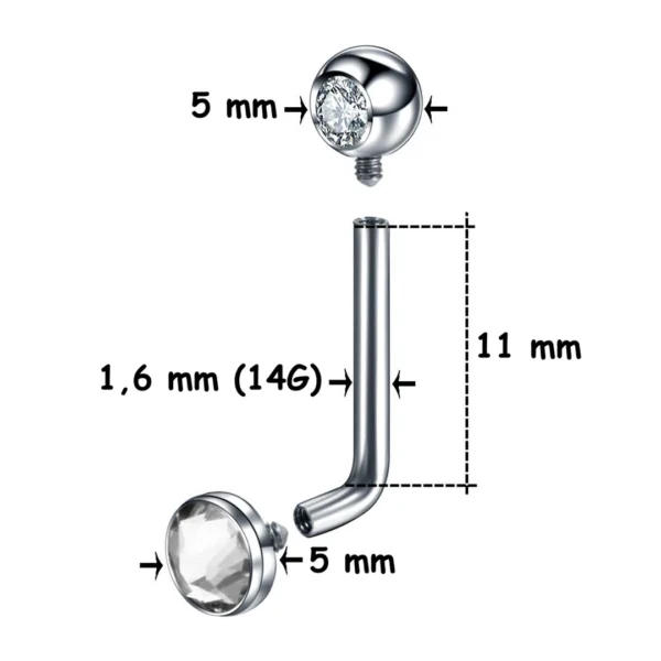 Piercing L-Bent Titane ASTM-F136 avec Bille & Sphère Serties (dimensions) Piercing L-Bent Titane ASTM-F136 avec Bille & Sphère Serties (dimensions).