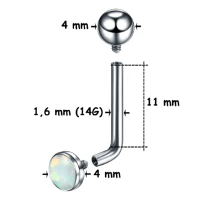 Piercing L-Bent Titane ASTM-F136 avec Opalite (dimensions) Piercing L-Bent Titane ASTM-F136 avec Opalite (dimensions).