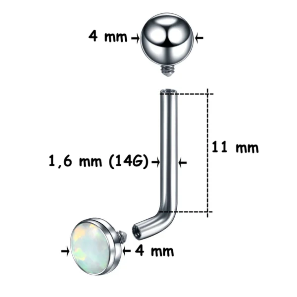 Piercing L-Bent Titane ASTM-F136 avec Opalite (dimensions) Piercing L-Bent Titane ASTM-F136 avec Opalite (dimensions).