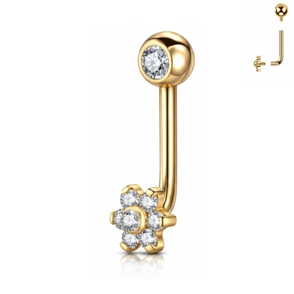 Piercing L-Bent en Titane ASTM-F136 Doré à Fleur de Zirconiums Piercing L-Bent en Titane ASTM-F136 Doré à Fleur de Zirconiums
