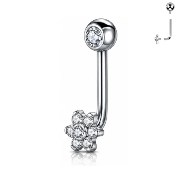 Piercing L-Bent en Titane ASTM-F136 à Fleur de Zirconiums Blancs Piercing L-Bent en Titane ASTM-F136 à Fleur de Zirconiums Blancs