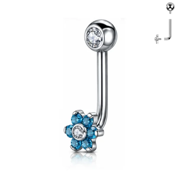 Piercing L-Bent en Titane ASTM-F136 à Fleur de Zirconiums Bleu Aqua Piercing L-Bent en Titane ASTM-F136 à Fleur de Zirconiums Bleu Aqua