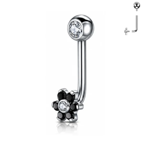 Piercing L-Bent en Titane ASTM-F136 à Fleur de Zirconiums Noirs Piercing L-Bent en Titane ASTM-F136 à Fleur de Zirconiums Noirs