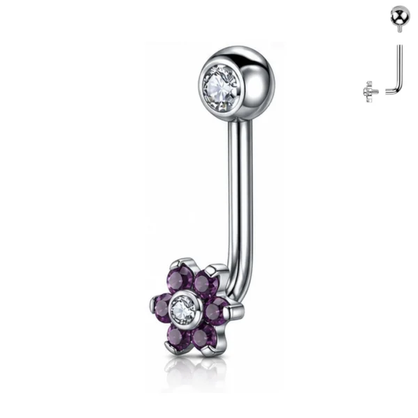 Piercing L-Bent en Titane ASTM-F136 à Fleur de Zirconiums Violet Piercing L-Bent en Titane ASTM-F136 à Fleur de Zirconiums Violet
