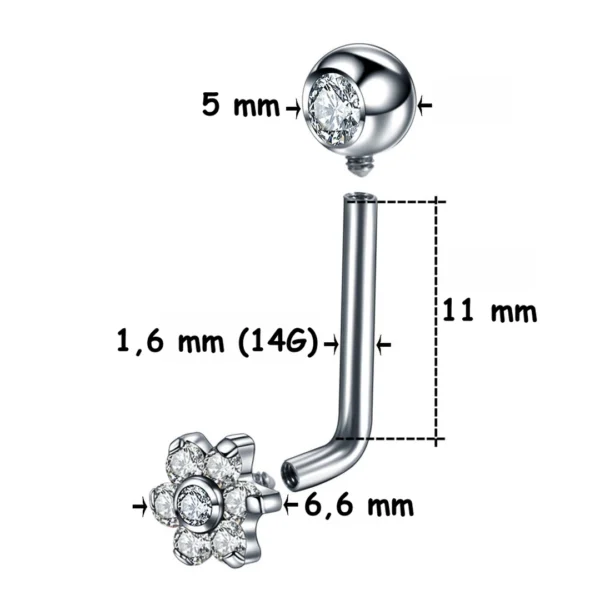 Piercing L-Bent en Titane ASTM-F136 à Fleur de Zirconiums (dimensions) Piercing L-Bent en Titane ASTM-F136 à Fleur de Zirconiums (dimensions)