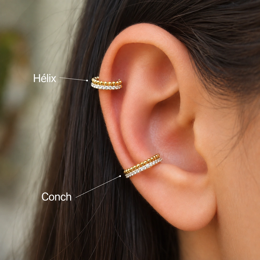 Piercings clicker portés sur un Hélix et un Conch