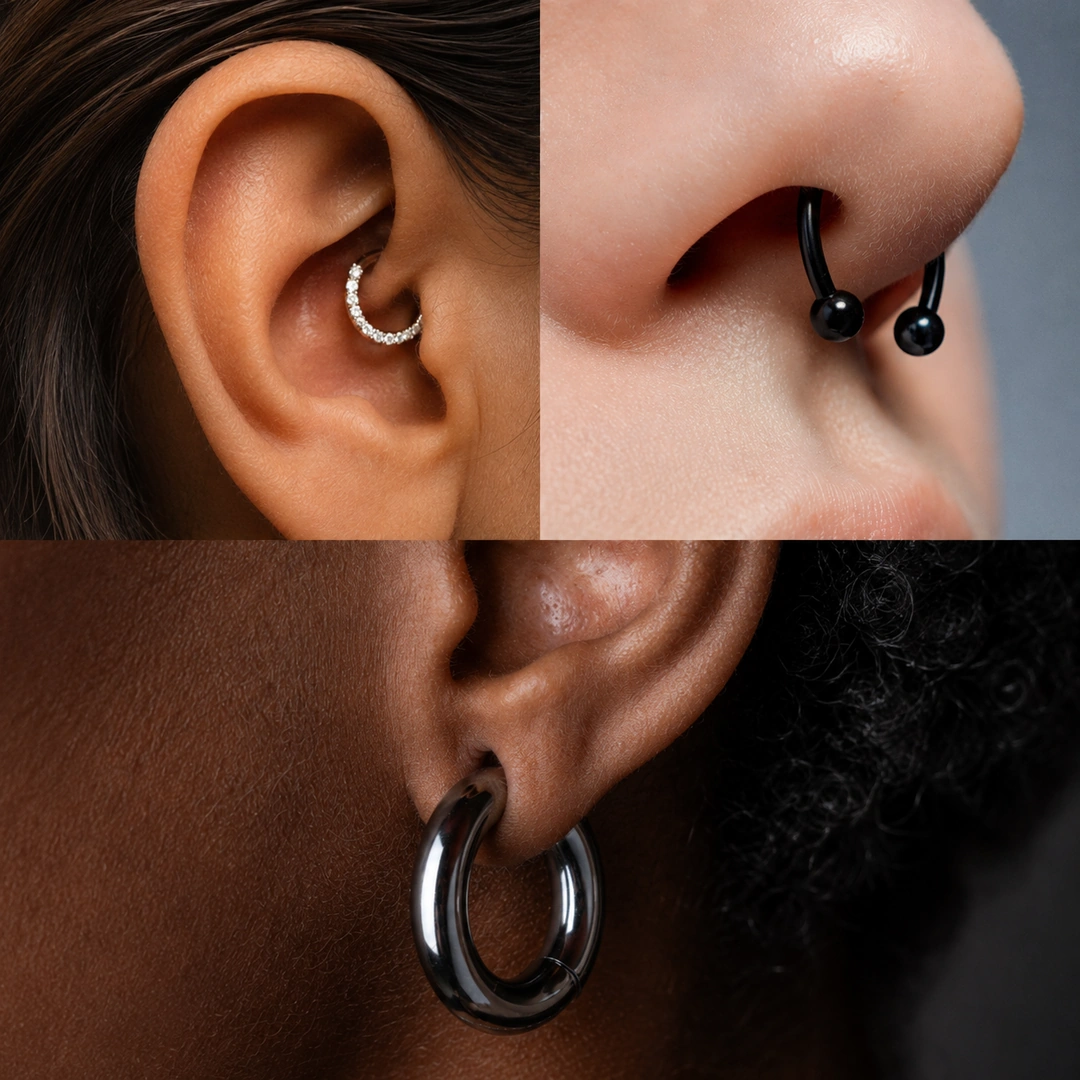 Différents styles de bijoux clicker, anneaux segment et fers à cheval