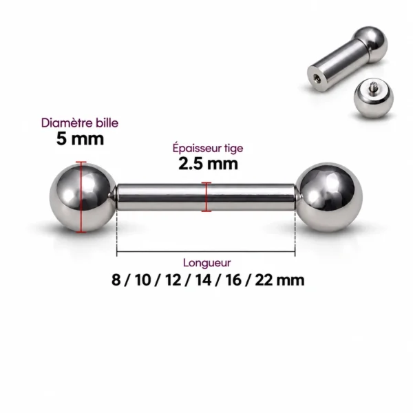 Barbell Droit en Titane Gros Diamètre 10G (2,5mm) Barbell Droit en Titane Gros Diamètre 10G (2,5mm).