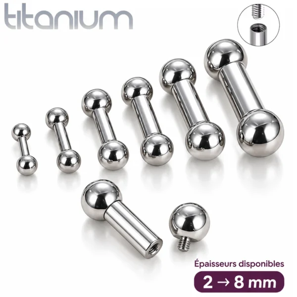 Barbell Droit en Titane Gros Diamètre 12G-0G (2 à 8 mm) Barbell Droit en Titane Gros Diamètre 12G-0G (2 à 8 mm).