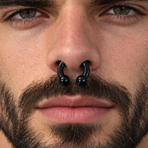 Homme avec Piercing Fer à Cheval Acier Noir Gros Diamètre au Septum.