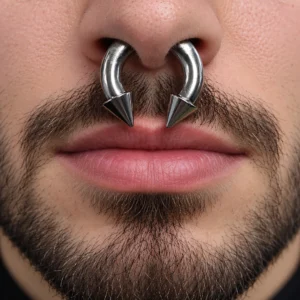 Homme avec Piercing Fer à Cheval Gros Calibre avec Pointes Acier 316L au Septum.