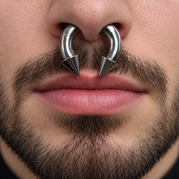 Homme avec Piercing Fer à Cheval Gros Calibre avec Pointes Acier 316L au Septum Homme avec Piercing Fer à Cheval Gros Calibre avec Pointes Acier 316L au Septum.