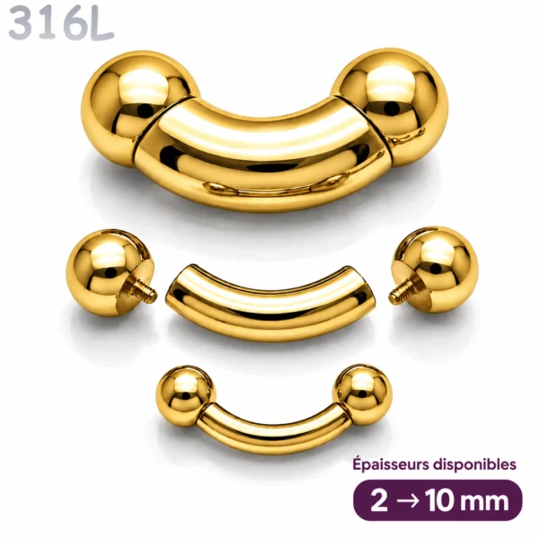 Piercing Banane Dorée Gros Calibre 12G-00G en Acier 316L Piercing Banane Dorée Gros Calibre 12G-00G en Acier 316L.