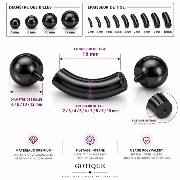 Piercing Banane en Acier Noir Gros Calibre 2 à 10 mm (dimensions) Piercing Banane en Acier Noir Gros Calibre 2 à 10 mm (dimensions)