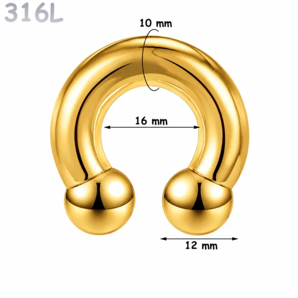 Piercing Fer à Cheval Acier Chirurgical Doré PVD Gros Diamètre 10x16x12 mm Piercing Fer à Cheval Acier Chirurgical Doré PVD Gros Diamètre 10x16x12 mm