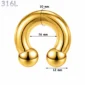 Piercing Fer à Cheval Acier Chirurgical Doré PVD Gros Diamètre 10x16x12 mm