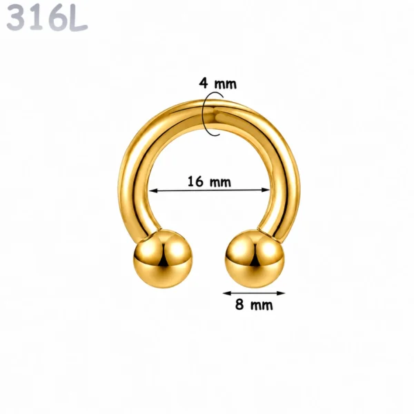 Piercing Fer à Cheval Acier Chirurgical Doré PVD Gros Diamètre 4x16x8 mm Piercing Fer à Cheval Acier Chirurgical Doré PVD Gros Diamètre 4x16x8 mm