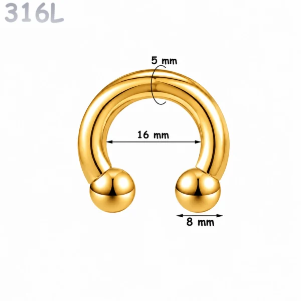 Piercing Fer à Cheval Acier Chirurgical Doré PVD Gros Diamètre 5x16x8 mm Piercing Fer à Cheval Acier Chirurgical Doré PVD Gros Diamètre 5x16x8 mm