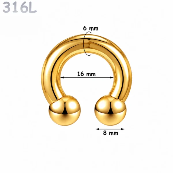 Piercing Fer à Cheval Acier Chirurgical Doré PVD Gros Diamètre 6x16x8 mm Piercing Fer à Cheval Acier Chirurgical Doré PVD Gros Diamètre 6x16x8 mm