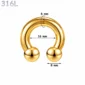 Piercing Fer à Cheval Acier Chirurgical Doré PVD Gros Diamètre 6x16x8 mm