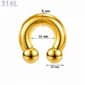 Piercing Fer à Cheval Acier Chirurgical Doré PVD Gros Diamètre 8x16x10 mm