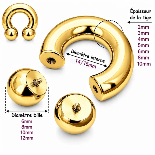Piercing Fer à Cheval Acier Doré PVD Gros Diamètre (dimensions) Piercing Fer à Cheval Acier Doré PVD Gros Diamètre (dimensions)
