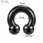 Piercing Fer à Cheval Acier Noir Gros Diamètre 10x16x12-14 mm
