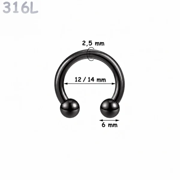 Piercing Fer à Cheval Acier Noir Gros Diamètre 2,5x12-14x6 mm Piercing Fer à Cheval Acier Noir Gros Diamètre 2,5x12-14x6 mm