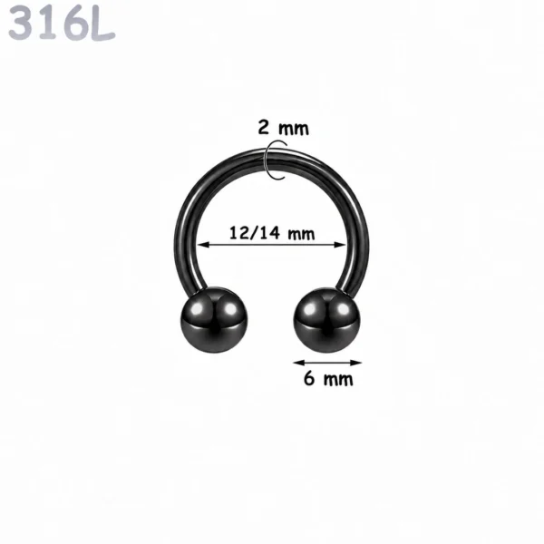 Piercing Fer à Cheval Acier Noir Gros Diamètre 2x12-14x6 mm Piercing Fer à Cheval Acier Noir Gros Diamètre 2x12-14x6 mm
