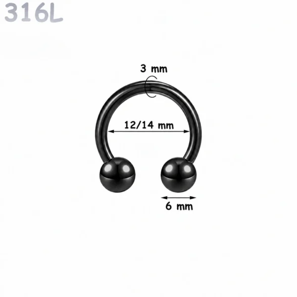 Piercing Fer à Cheval Acier Noir Gros Diamètre 3x12-14x6 mm Piercing Fer à Cheval Acier Noir Gros Diamètre 3x12-14x6 mm