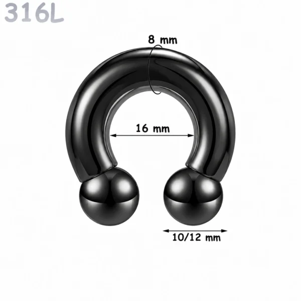 Piercing Fer à Cheval Acier Noir Gros Diamètre 8x16x10-12 mm Piercing Fer à Cheval Acier Noir Gros Diamètre 8x16x10-12 mm