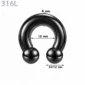 Piercing Fer à Cheval Acier Noir Gros Diamètre 8x16x10-12 mm