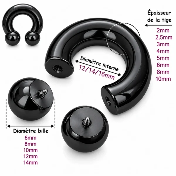 Piercing Fer à Cheval Acier Noir PVD Gros Diamètre (dimensions) Piercing Fer à Cheval Acier Noir PVD Gros Diamètre (dimensions)