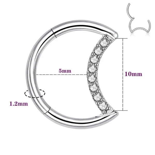 Piercing Lune avec Zirconiums Clicker Titane Poli 16G 10 mm Piercing Lune avec Zirconiums Clicker Titane Poli 16G 10 mm.