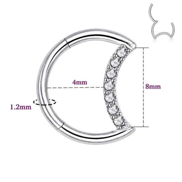 Piercing Lune avec Zirconiums Clicker Titane Poli 16G 8 mm Piercing Lune avec Zirconiums Clicker Titane Poli 16G 8 mm.