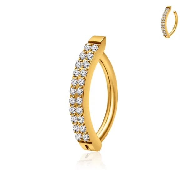 Piercing Nombril Clicker Titane Doré Anodisé à Double Ligne de Zirconiums Piercing Nombril Clicker Titane Doré Anodisé à Double Ligne de Zirconiums