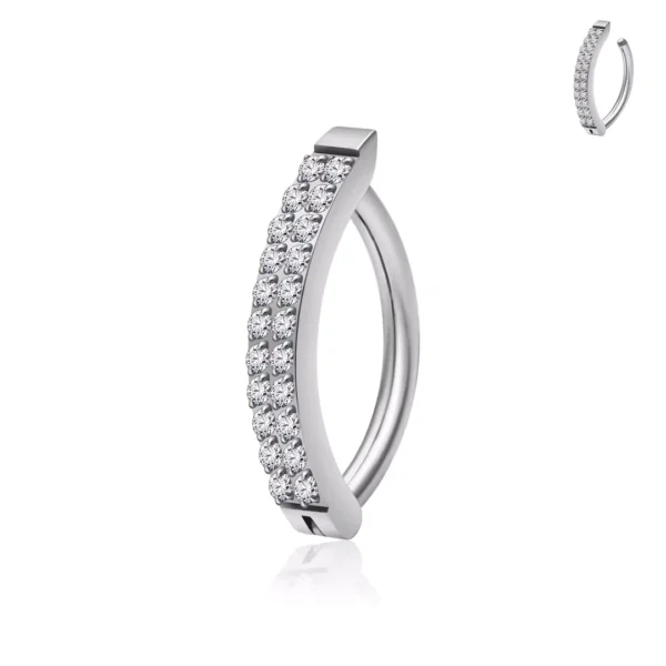 Piercing Nombril Clicker Titane Gris Argenté à Double Ligne de Zirconiums Piercing Nombril Clicker Titane Gris Argenté à Double Ligne de Zirconiums