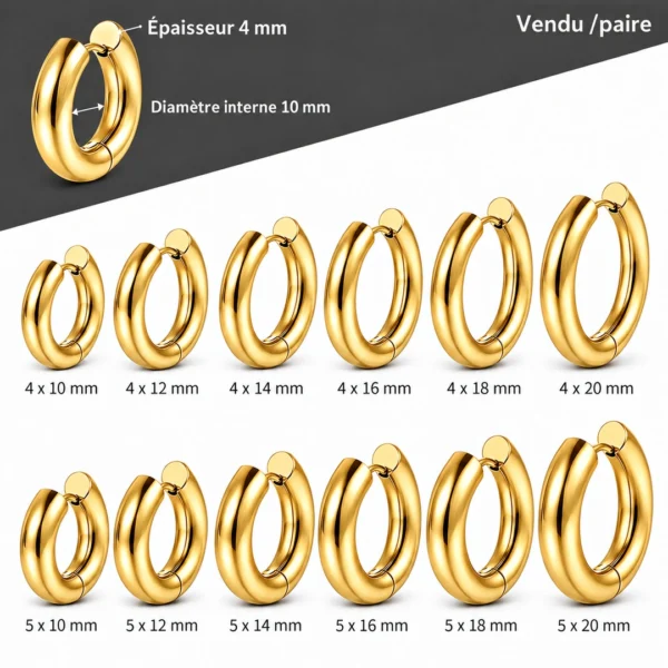 Faux Écarteur Créole Épaisse 4-5 mm en Acier Doré PVD Faux Écarteur Créole Épaisse 4-5 mm en Acier Doré PVD