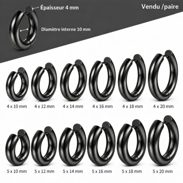 Faux Écarteur Créole Épaisse 4-5 mm en Acier Noir PVD Faux Écarteur Créole Épaisse 4-5 mm en Acier Noir PVD