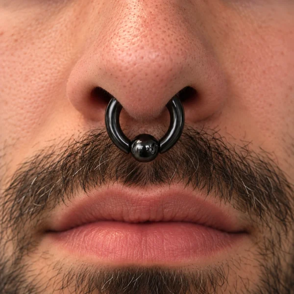 Homme avec Piercing Anneau CBR Noir Gros Calibre en Acier 316L au Septum Homme avec Piercing Anneau CBR Noir Gros Calibre en Acier 316L au Septum.