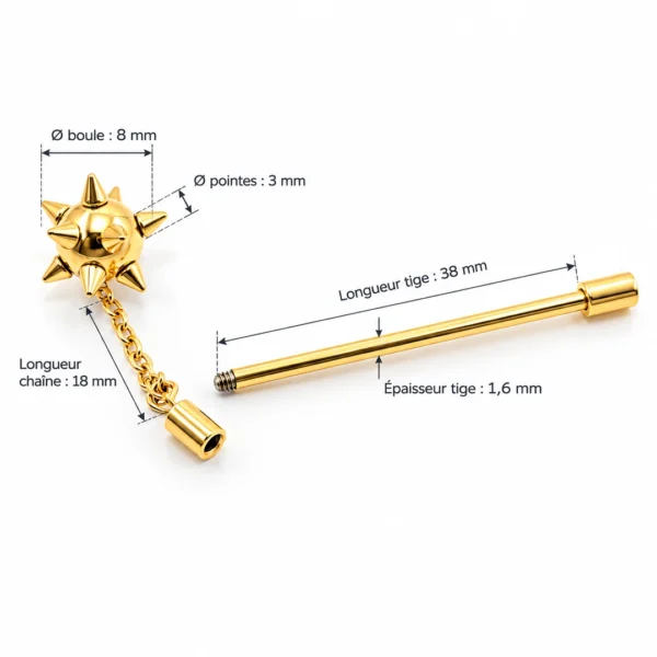 Piercing Industriel 14G Chaîne Pendante et Boule à Pointes (dimensions) Piercing Industriel 14G Chaîne Pendante et Boule à Pointes (dimensions)