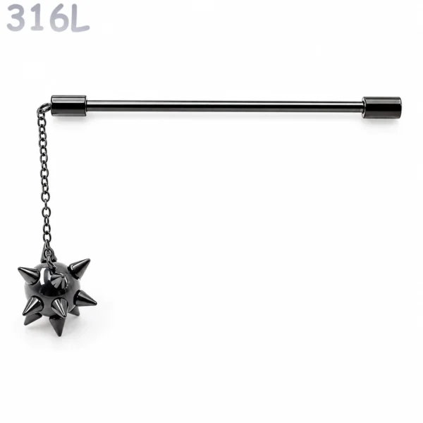 Piercing Industriel Chaîne Pendante et Boule à Pointes Acier Noir PVD Piercing Industriel Chaîne Pendante et Boule à Pointes Acier Noir PVD