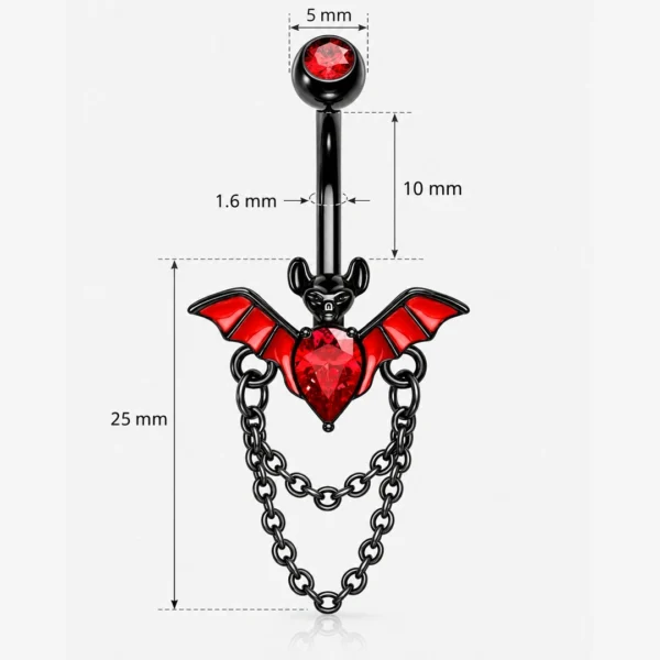 Piercing Nombril Chauve-Souris à Chaînes Pendantes Acier Noir (dimensions) Piercing Nombril Chauve-Souris à Chaînes Pendantes Acier Noir (dimensions).
