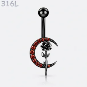 Piercing Nombril Croissant de Lune Pavé & Rose Noire.