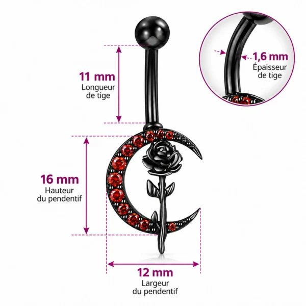 Piercing Nombril Croissant de Lune Pavé & Rose Noire (dimensions) Piercing Nombril Croissant de Lune Pavé & Rose Noire (dimensions)
