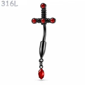 Piercing Nombril Épée Noire Sertie de Zirconiums.