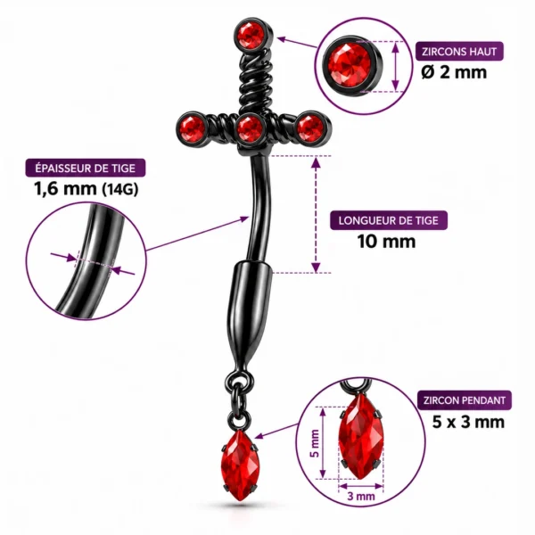 Piercing Nombril Épée Noire Sertie de Zirconiums Rouges (dimensions) Piercing Nombril Épée Noire Sertie de Zirconiums Rouges (dimensions)
