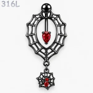Piercing Nombril Gothique Toile & Araignée à Zircon Rouge.