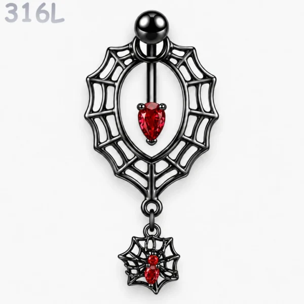 Piercing Nombril Gothique Toile & Araignée à Zircon Rouge.
