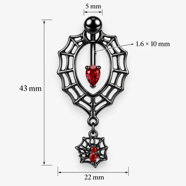 Piercing Nombril Gothique Toile & Araignée à Zircon Rouge (dimensions) Piercing Nombril Gothique Toile & Araignée à Zircon Rouge (dimensions)